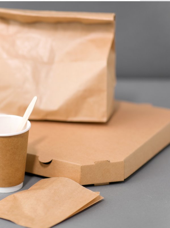 Bags pizza box and cups