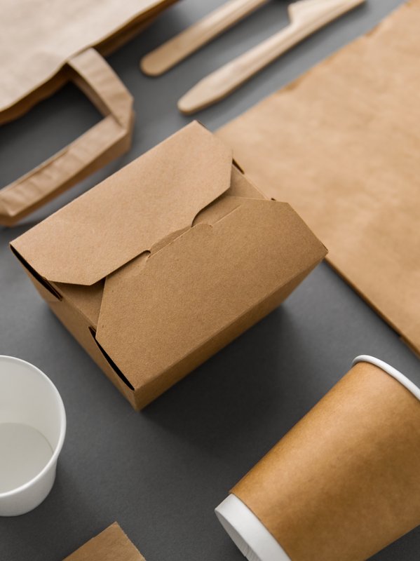 Takeaway cups containers and cutlery with pizza box